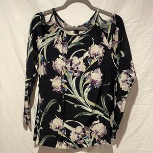 Club Monaco Black/floral printed should cutout long sleeve top